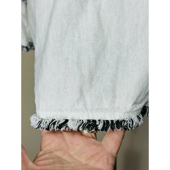 Cynthia Rowley Top Women's 2X Linen Cotton White Black Boho Fringe - Picture 3 of 12